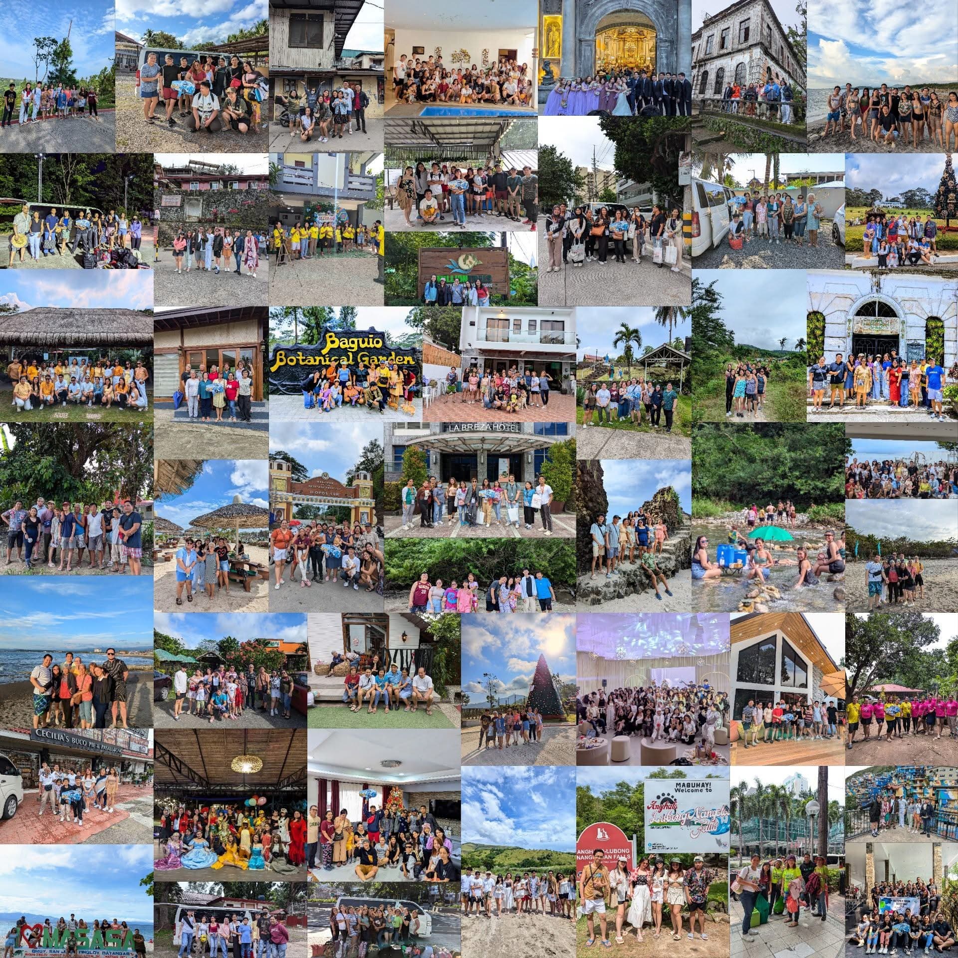 Collage of group photos featuring people at various tourist spots, events, and vacation destinations.