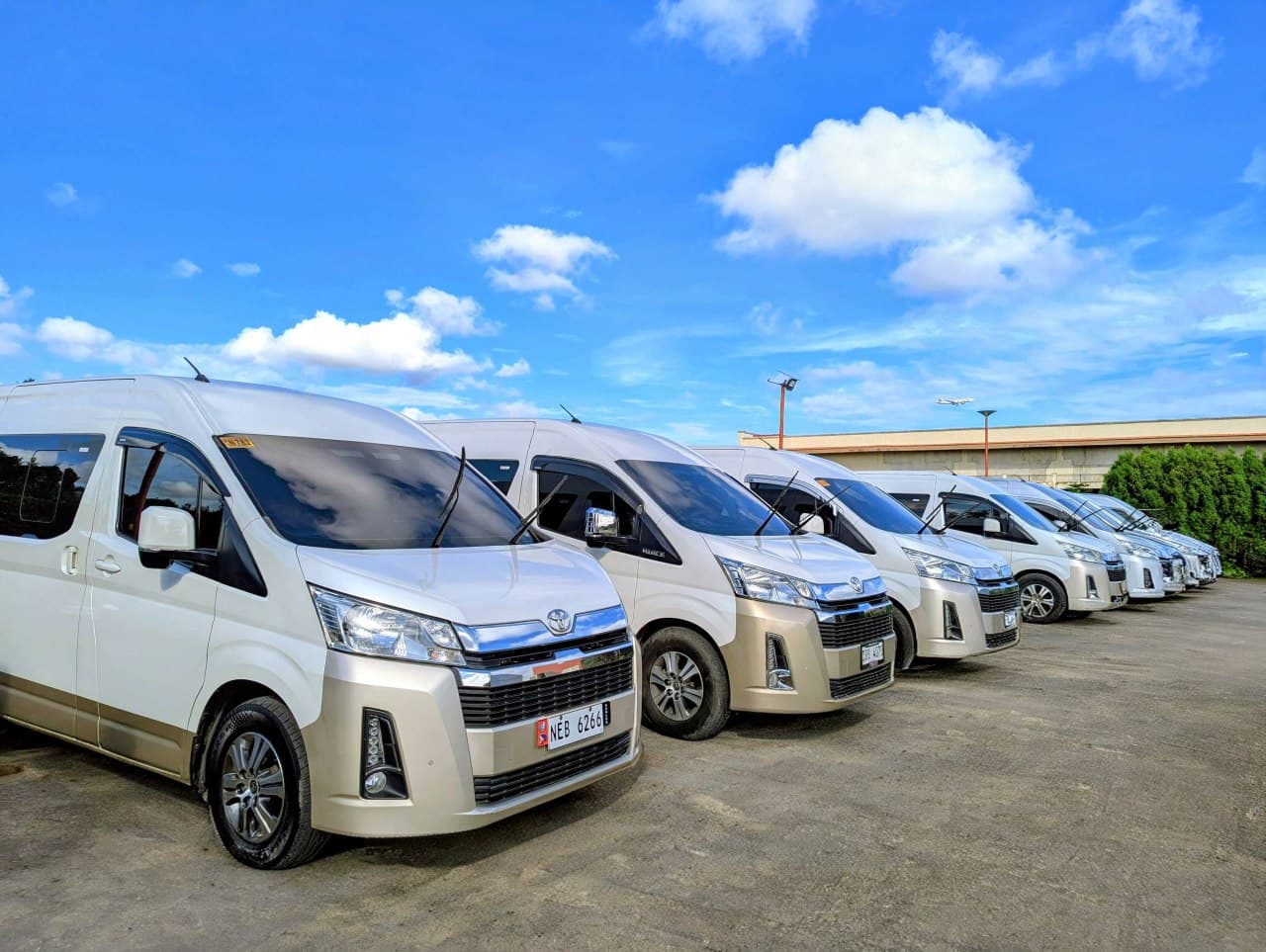 Row of white and gold Toyota Hiace vans parked under a bright blue sky.