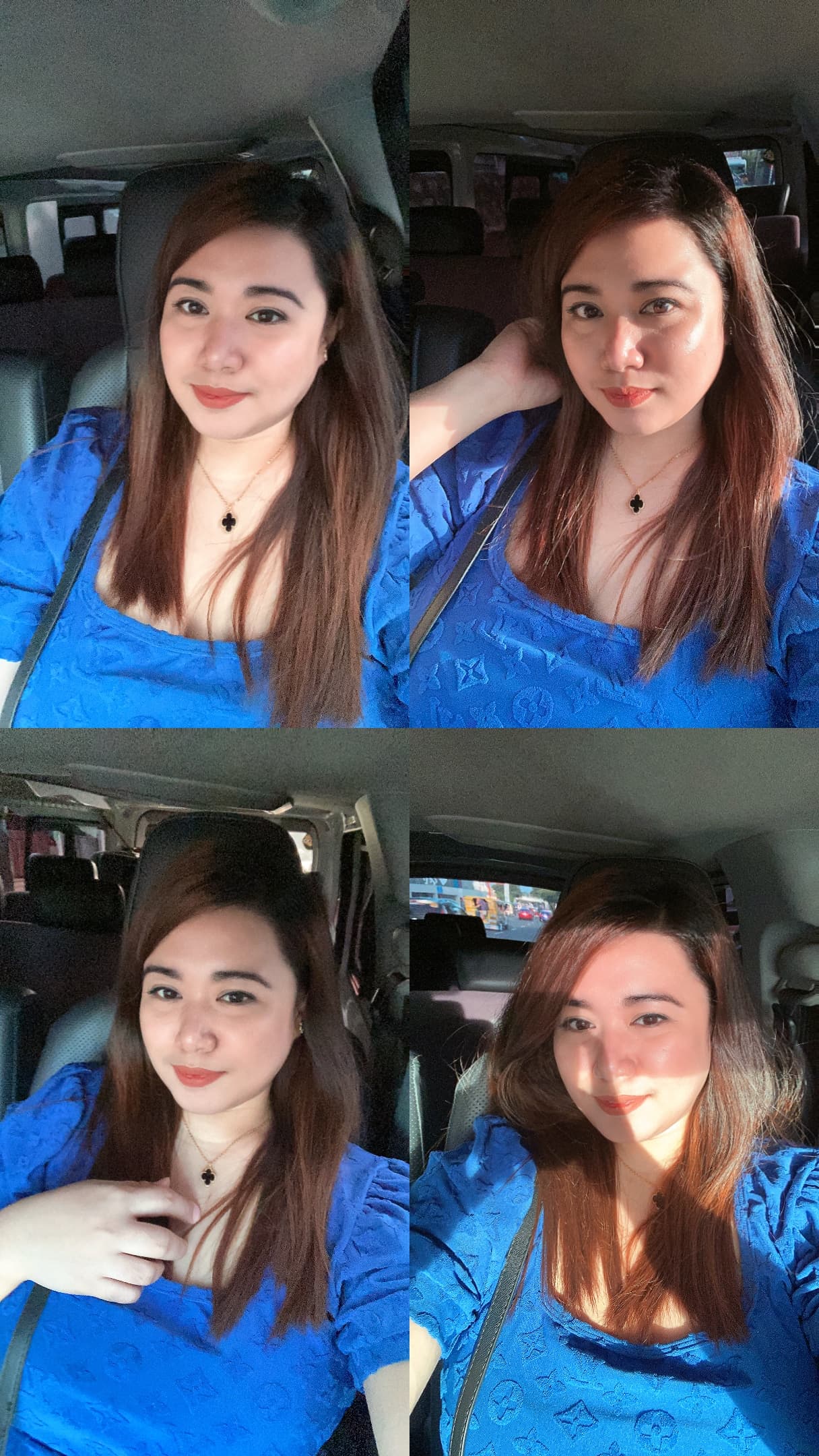 Four selfies of a woman with brown hair wearing a blue top and clover necklace.